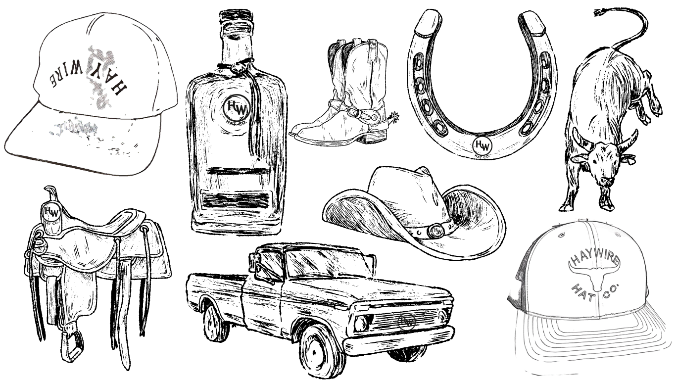 Set of black and white illustrations including a hat, bottle, boots, horseshoe, bull, saddle, truck, and cap.